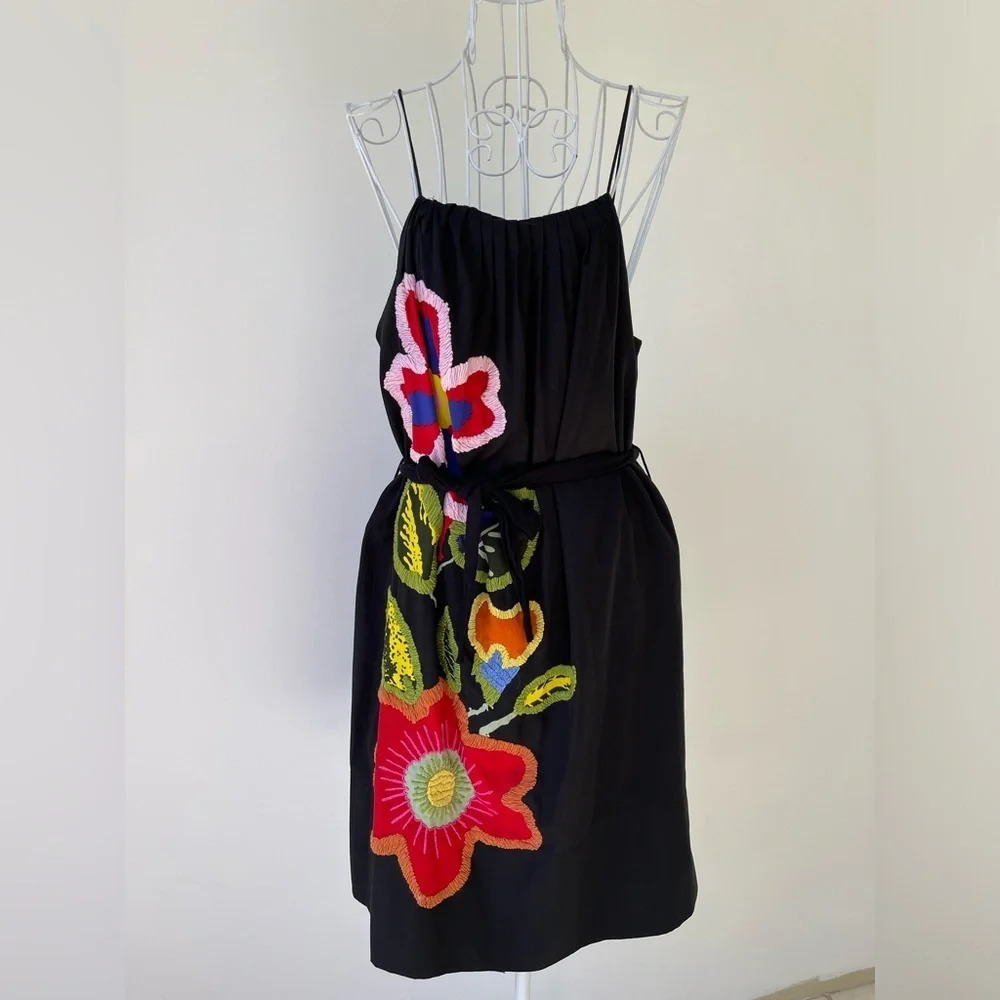 Desigual Black Multicolor Floral Embroidered Spaghetti Strap Pleated Dress 38/S